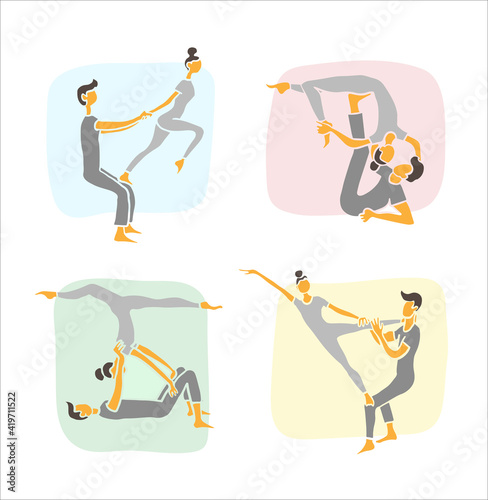 Set of hand-drawn vector illustrations showing a couple working out together and doing various yoga poses