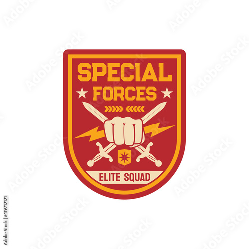 Squad infantry troops, military chevron with crossed sword and fist, thunders isolated army insignia on officer uniform. Vector special forces US army mascot, military sub-subunit, trooper badge