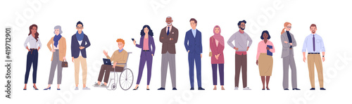 Multinational business team. Vector illustration of diverse cartoon men and women of various ethnicities, ages and body type in office outfits. Isolated on white.
