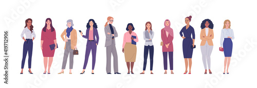 Business women collection. Vector illustration of diverse multinational standing cartoon women in office outfits. Isolated on white.