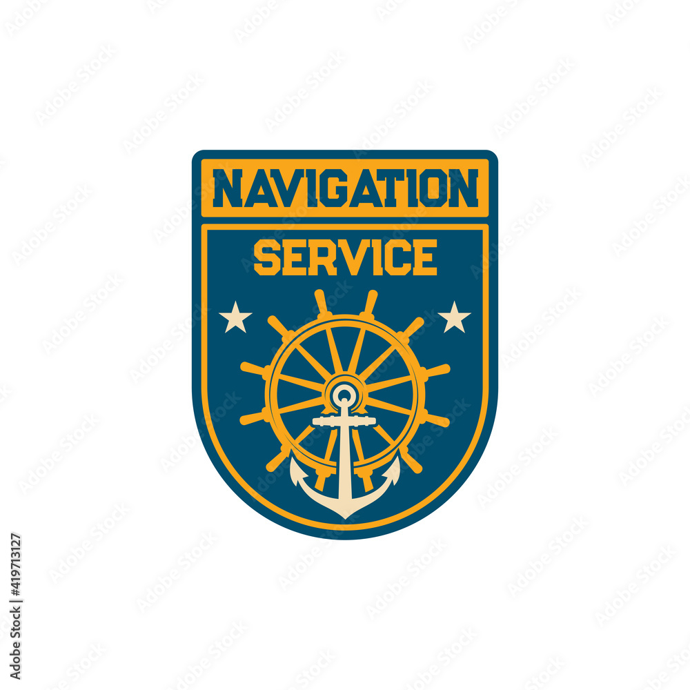 Navigation service special squad navy marine maritime forces with anchor and steering wheel isolated. Vector patch on military officer uniform, insignia of armed forces of naval warfare combat Navigation service special squad navy marine maritime forces with anchor and steering wheel isolated. Vector patch on military officer uniform, insignia of armed forces of naval warfare combat