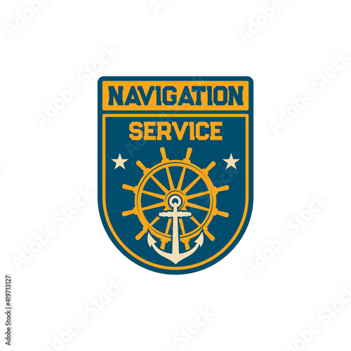 Navigation service special squad navy marine maritime forces with anchor and steering wheel isolated. Vector patch on military officer uniform, insignia of armed forces of naval warfare combat