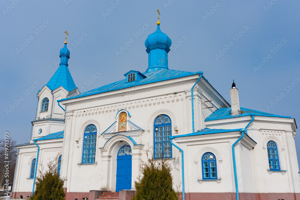 Exterior view of Orthodox church of Dormition of Mother of God in Dubiny village, Podlasie region of Poland