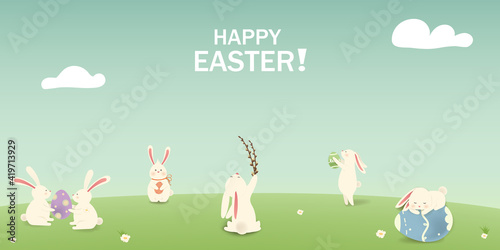 Happy Easter. Easter Rabbit Bunny with eggs, grass, flowers in field. Cute, funny cartoon rabbit character with Paschal egg. Design template for Banner, flyer, invitation, greeting card, poster