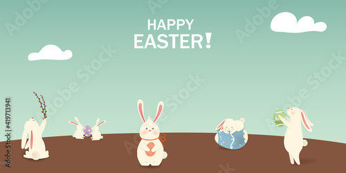 Happy Easter. Easter Rabbit Bunny with eggs, grass, flowers in field. Cute, funny cartoon rabbit character with Paschal egg. Design template for Banner, flyer, invitation, greeting card, poster