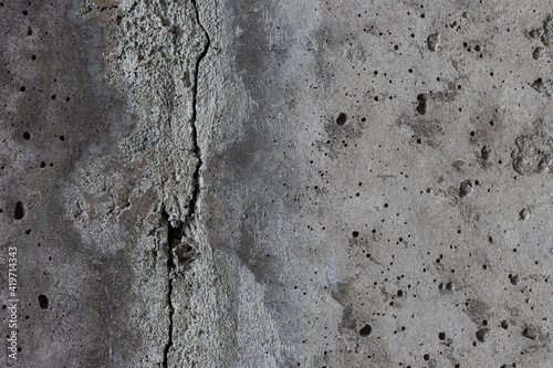 Texture of old cracked concrete wall. Rough gray concrete surface. The gap between the reinforced concrete slabs. Perfect for background and design. Close-up. High resolution.
