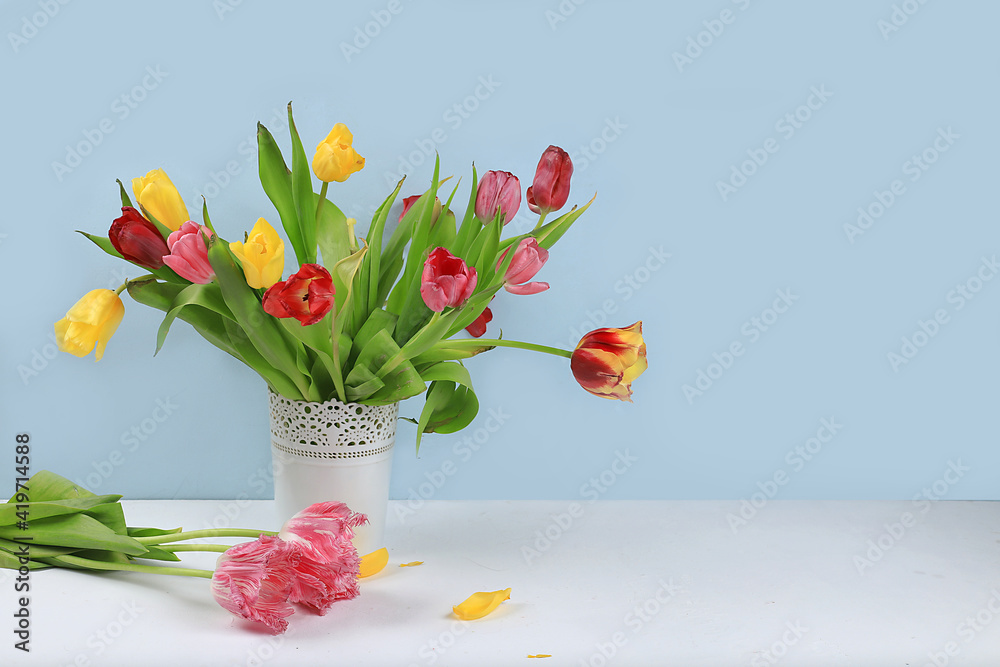 Holiday concept with flowers, spring or summer composition, still life with tulips in a vase, banner. Greeting card for mothers day, womens day, lovers day, happy birthday, wedding, selective focus,