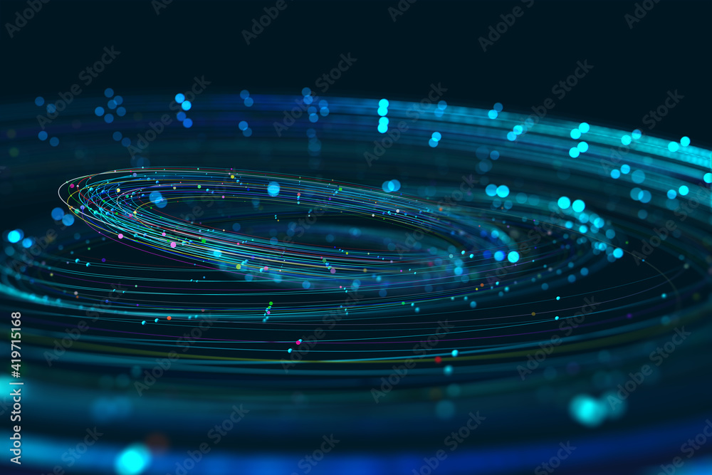 Big data concept. Data analytics, corporate logistics, business strategy. Internet technologies and innovations of virtual reality. 3d illustration of vortex data streams