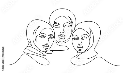 Portrait of three pretty muslim women. One line drawing