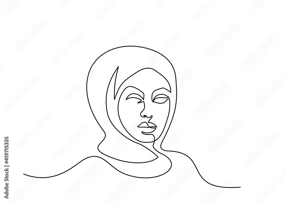 Portrait of pretty muslim woman. One line drawing Portrait of pretty muslim woman. One line drawing
