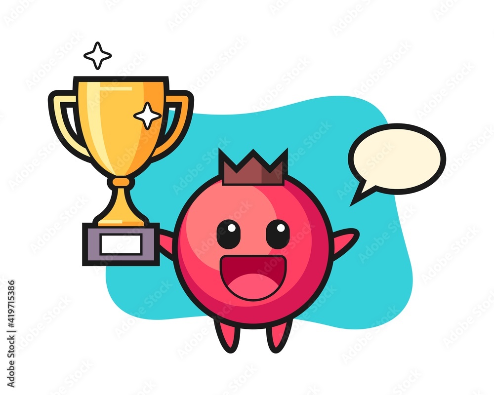Cartoon illustration of cranberry is happy holding up the golden trophy