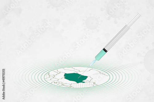 Romania vaccination concept, vaccine injection in map of Romania. Vaccine and vaccination against coronavirus, COVID-19.