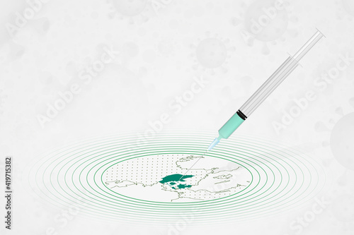 Denmark vaccination concept, vaccine injection in map of Denmark. Vaccine and vaccination against coronavirus, COVID-19.