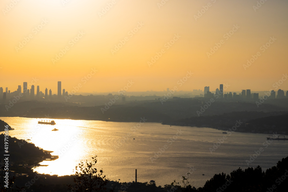 Cityscape of Istanbul and Bosphorus from Beykoz at sunset