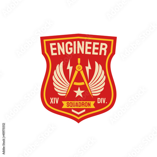 Squadron of engineering repair battalion army patch with compass divider and wings. Vector patch on military uniform, engineers division squad of special elite forces troops of maintain and repair