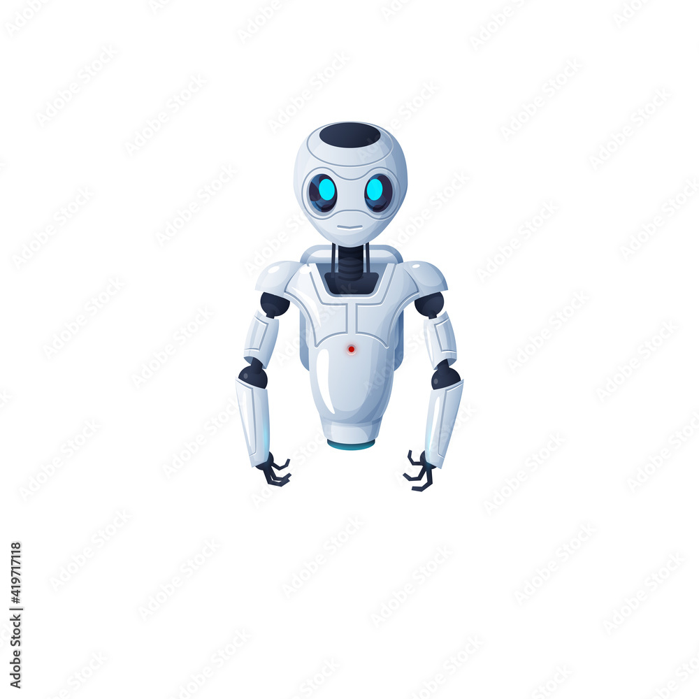 Robot with hands and without legs isolated cartoon character with flexible arms. Vector artificial intelligence bot white tiny robot on suction cup. Futuristic electronic humanoid, android automaton
