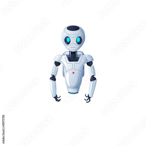 Fototapeta Naklejka Na Ścianę i Meble -  Robot with hands and without legs isolated cartoon character with flexible arms. Vector artificial intelligence bot white tiny robot on suction cup. Futuristic electronic humanoid, android automaton