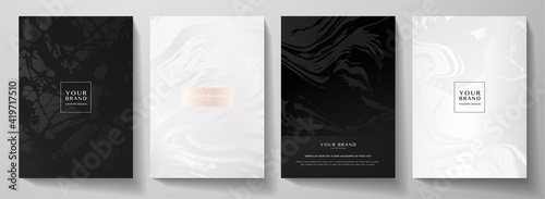 Modern black, white cover design set. Creative fashionable background with abstract marble pattern, crack. Luxury trendy vector collection for catalog, brochure template, magazine layout, booklet