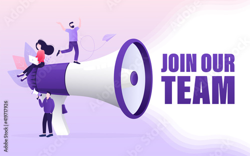 Join our team people, great design for any purposes. Flat join our team people for flyer design. Girl with megaphone. Vector illustration.