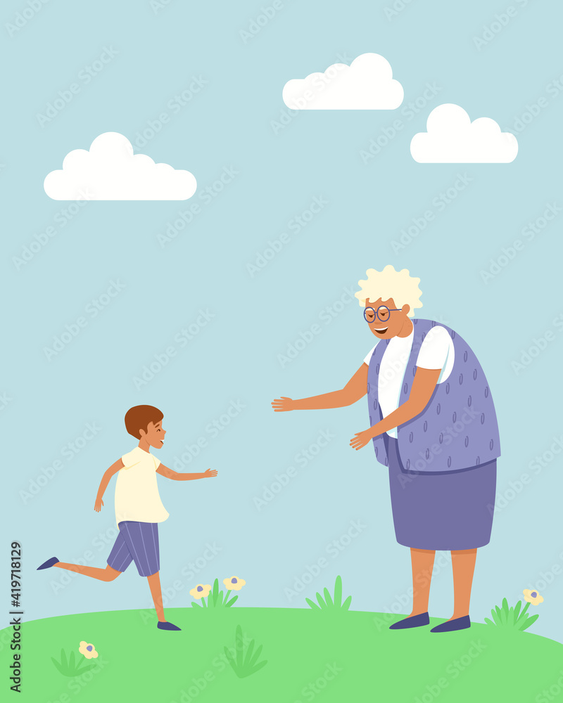 Happy grandson runs to his grandmother. The boy is glad that he saw his grandmother. Spring and summer seasons. Elderly woman with glasses. Flat vector illustration.