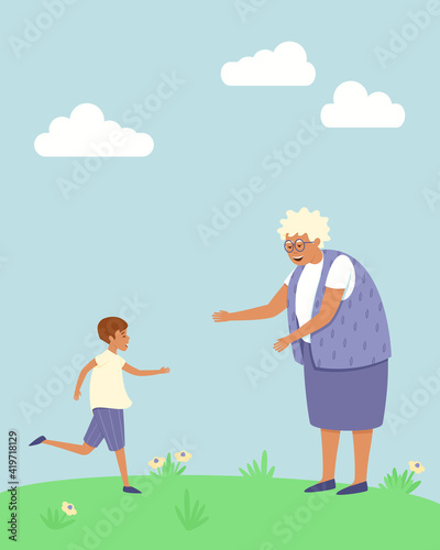 Happy grandson runs to his grandmother. The boy is glad that he saw his grandmother. Spring and summer seasons. Elderly woman with glasses. Flat vector illustration.