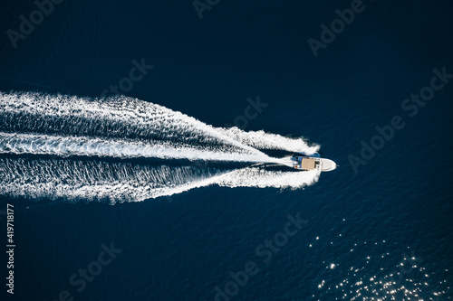 Speed boat in mediterranean sea, aerial view
