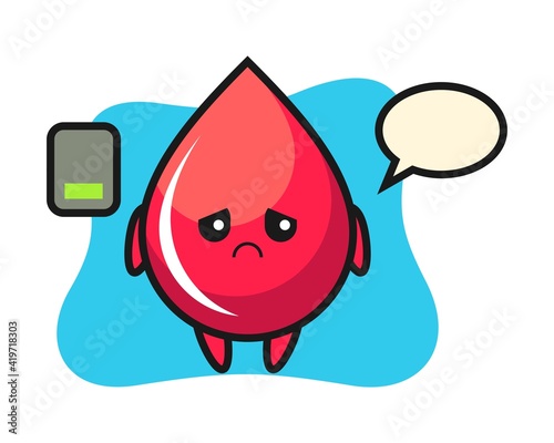 Blood drop mascot character doing a tired gesture