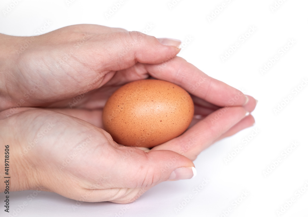 Hands holding natural brown egg on white background. Breakfast food. Boiled egg. Hands holding natural brown egg on white background. Breakfast food. Boiled egg.