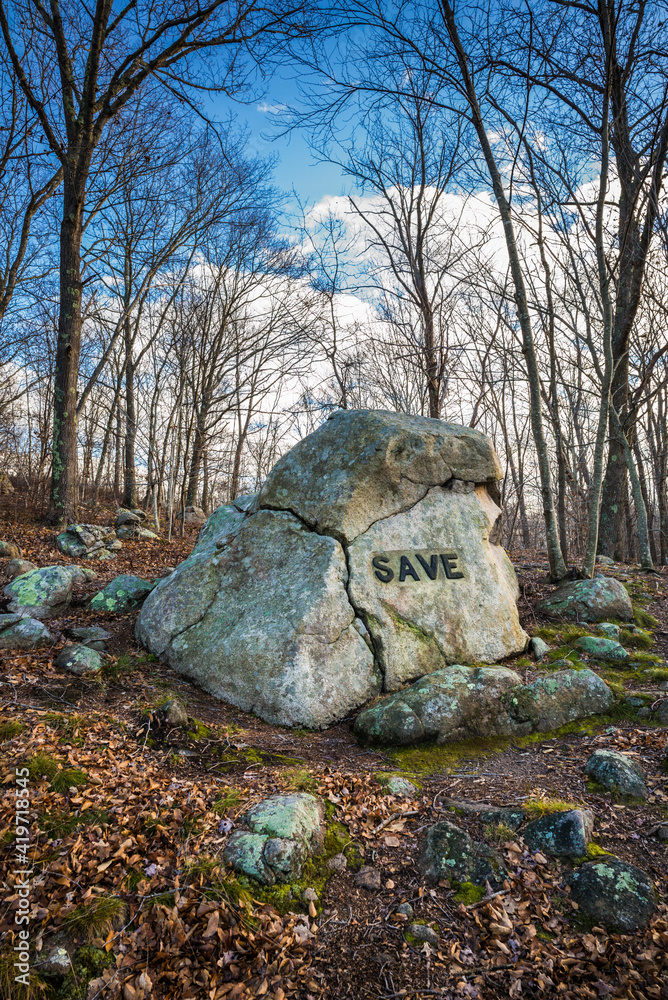 USA, Massachusetts, Cape Ann, Gloucester. Dogtown Rocks, inspirational saying carved on boulders in the 1920's, now in a pubic city park, 'Save'.