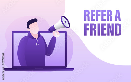 Flat icon with megaphone people refer friend. Poster, banner. Flat isometric vector illustration. 3d vector illustration.