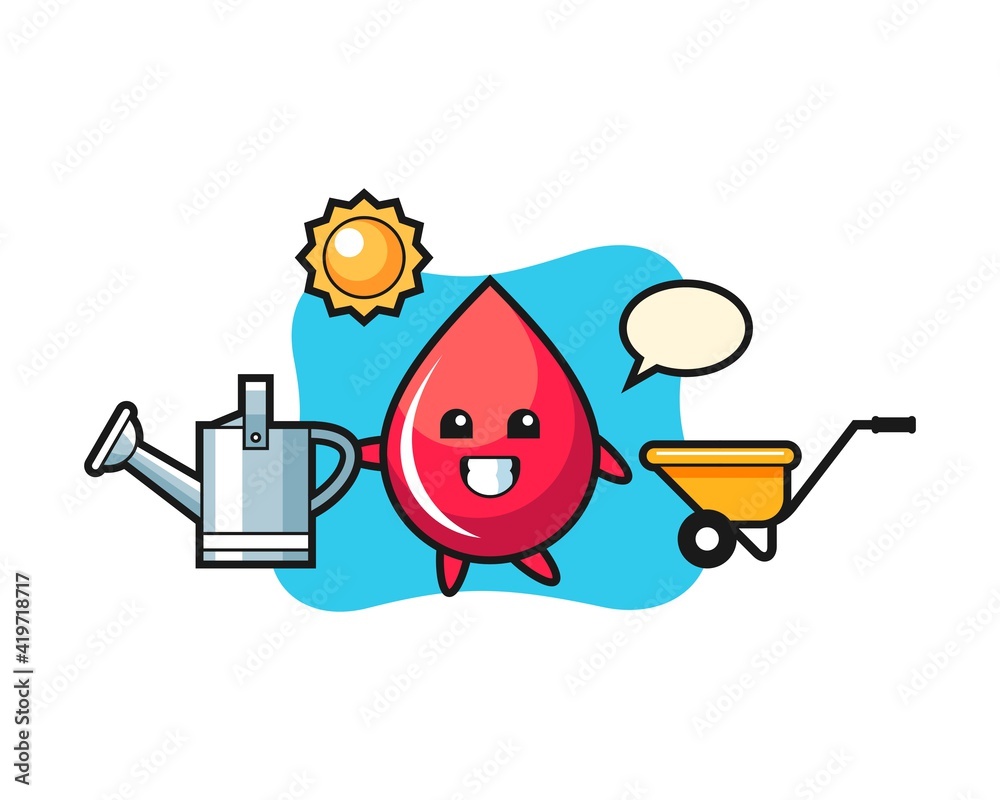 Cartoon character of blood drop holding watering can Cartoon character of blood drop holding watering can