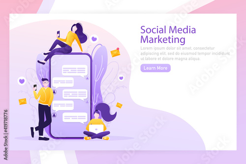 Flat advertising with people smartphone megaphone. Flat advertising. Social media marketing. Phone icon vector.