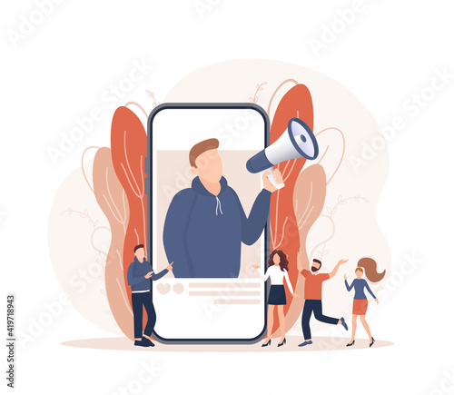 Flat advertising with people smartphone megaphone. Flat advertising. Social media marketing. Phone icon vector.