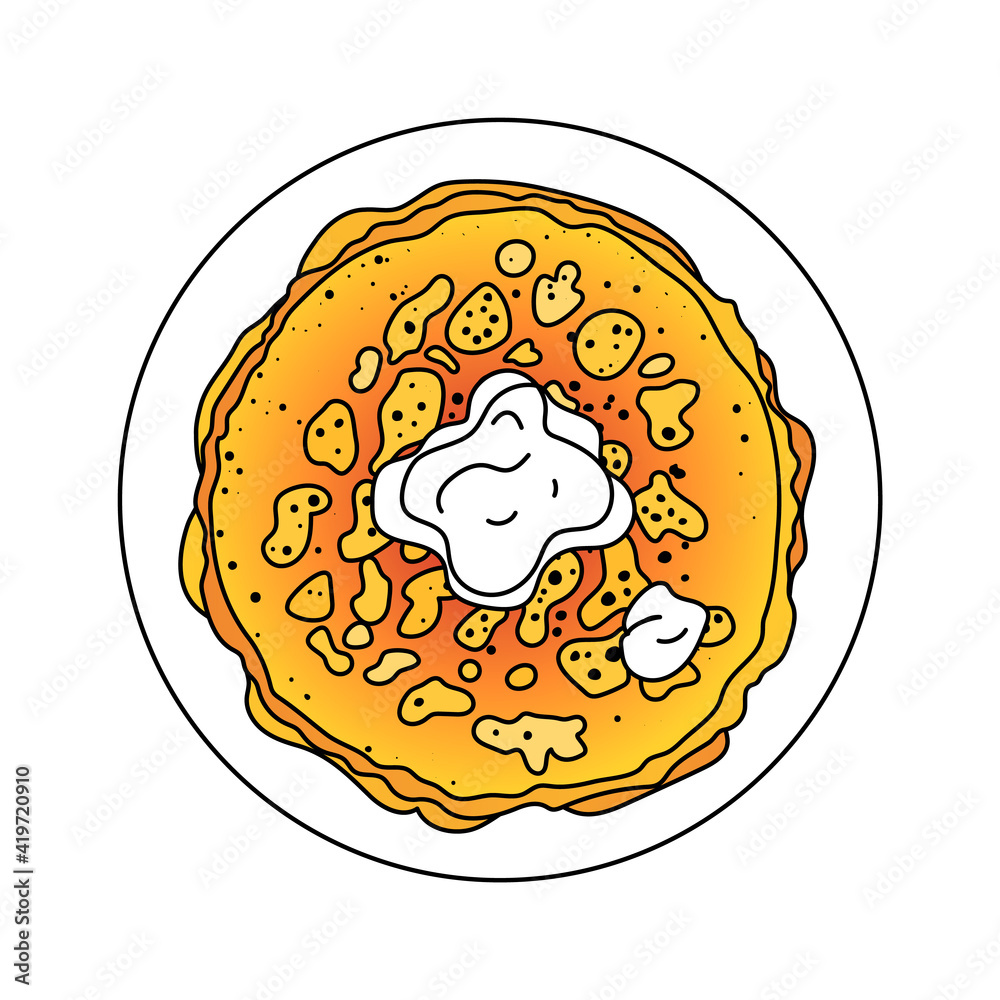 Top view stack of thin french crepes on a plate decorated with sour cream, cartoon dessert pastry illustration isolated on white. Blini, traditional russain, ukranian cuisine dish. Maslenitsa holiday. Top view stack of thin french crepes on a plate decorated with sour cream, cartoon dessert pastry illustration isolated on white. Blini, traditional russain, ukranian cuisine dish. Maslenitsa holiday.