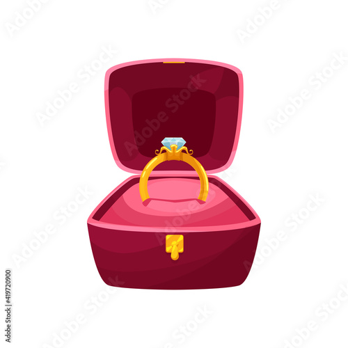 Velvet box with golden ring wedding symbol isolated cartoon icon. Vector pillow in red case of square shape with engagement ring with diamond germstone. Gold jewelry decorated by brilliant or adamant