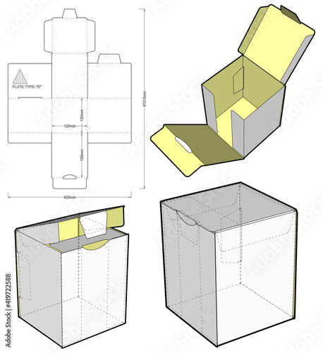 Self-assembling Folding Box. Ease of assembly, no need for glue (Internal measurement 12x12x15cm). The .eps file is full scale and fully functional. Prepared for real cardboard production.