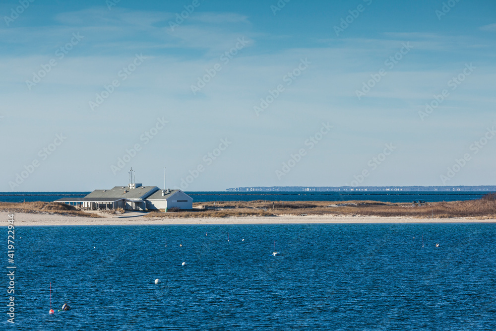 USA, Massachusetts, Cape Cod. Hyannis Harbor and beach pavilion.