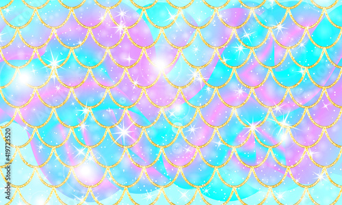 Holographic rainbow background. Gold scales. Mermaid print.