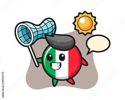 Italy flag badge mascot illustration is catching butterfly