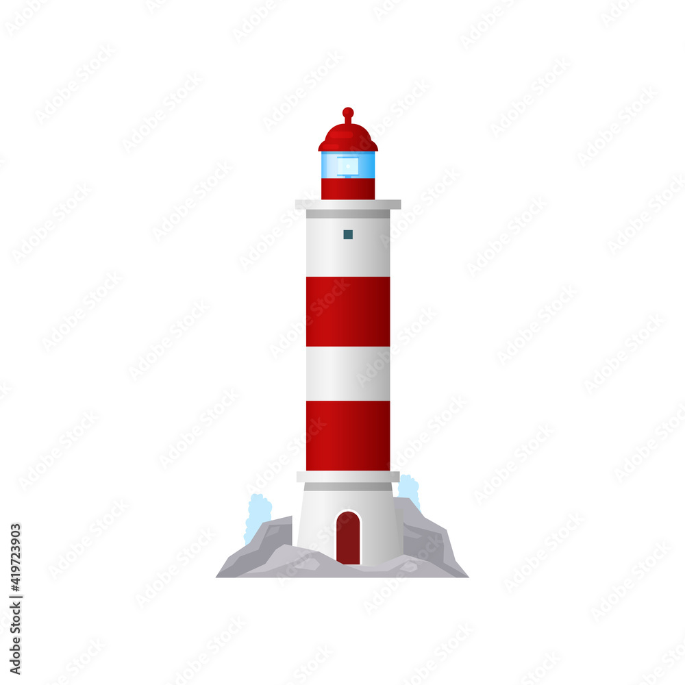 Beacon, marine tower with searchlight lamp isolated red striped building icon. Vector nautical construction with entrance on rocks. Nautical lighthouse and sea navigation beacon, navigation equipment