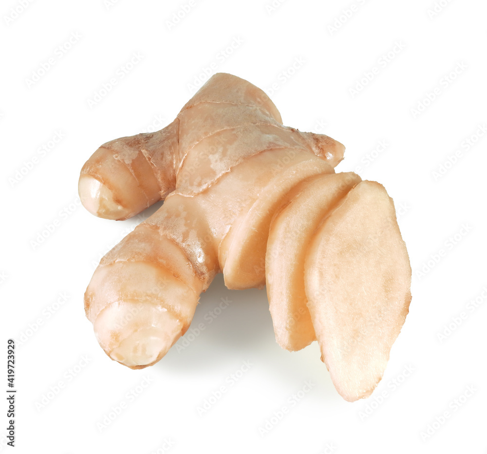 Fresh ginger root with slices isolated on white background Fresh ginger root with slices isolated on white background