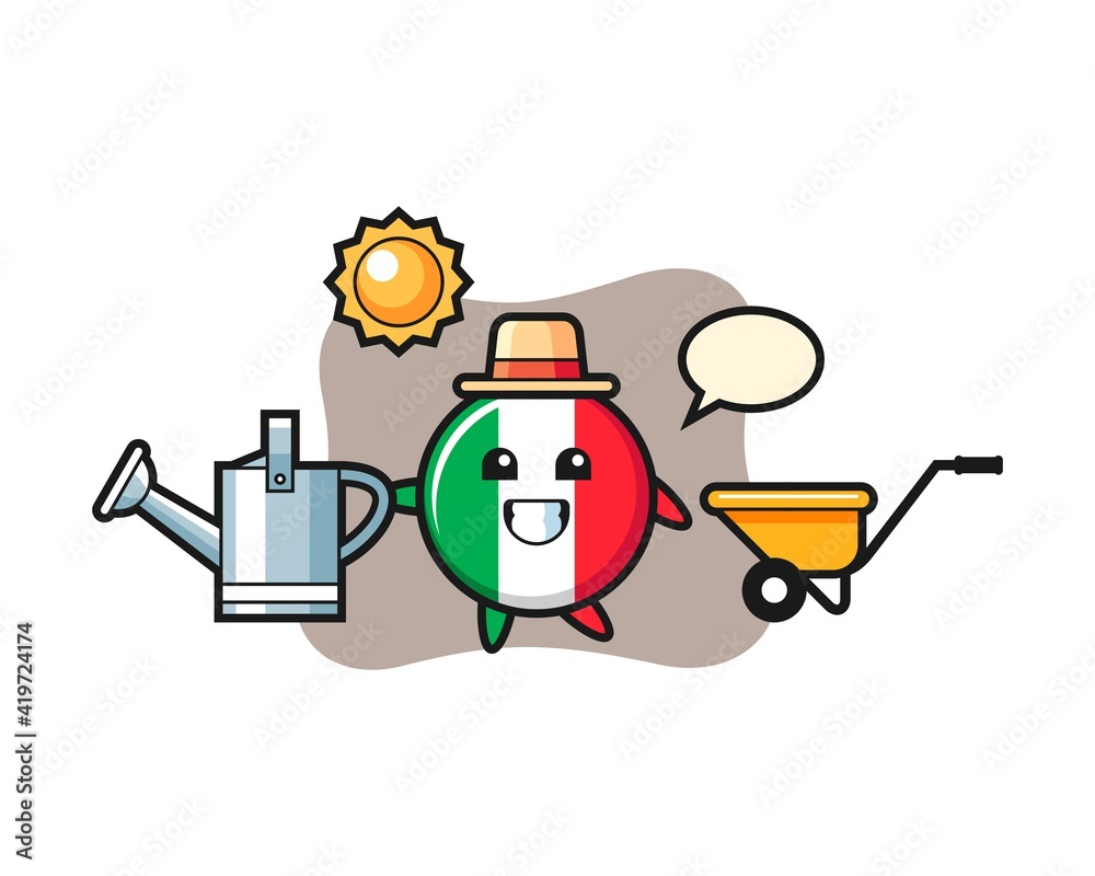 Cartoon illustration of italy flag badge holding watering can