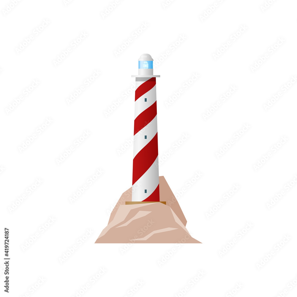 Lighthouse marine tower with searchlight to navigate ships isolated icon. Vector seafarer striped construction with entrance door and windows. Nautical sea navigation beacon navy building at coastline Lighthouse marine tower with searchlight to navigate ships isolated icon. Vector seafarer striped construction with entrance door and windows. Nautical sea navigation beacon navy building at coastline