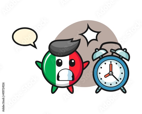 Cartoon illustration of italy flag badge is surprised with a giant alarm clock