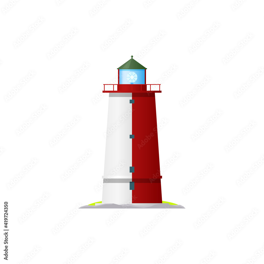 Sea lighthouse, marine beacon isolated navy building icon. Vector nautical tower, tall construction, navigation seafarer tower with searchlight lamp and balustrade fence, nautical equipment symbol Sea lighthouse, marine beacon isolated navy building icon. Vector nautical tower, tall construction, navigation seafarer tower with searchlight lamp and balustrade fence, nautical equipment symbol