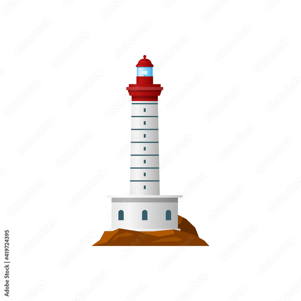 Retro lighthouse nautical building isolated icon. Vector seafarer construction, maritime guidance tower. Beacon, marine beacon with searchlight to navigate ships, tall tower on seashore rocks