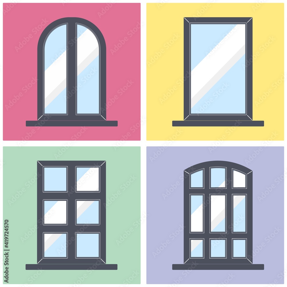Windows set with dark frames on colorful backgrounds. Collection of various windows vector illustration. Windows set with dark frames on colorful backgrounds. Collection of various windows vector illustration.