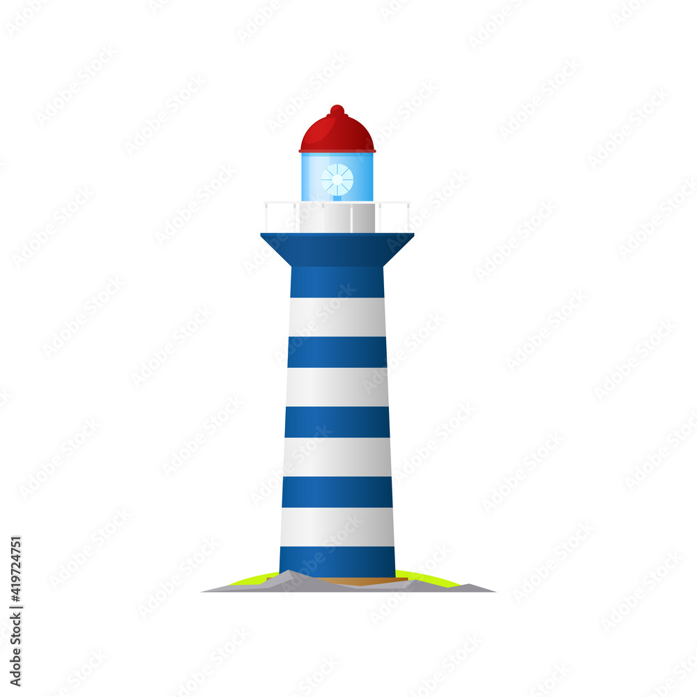 Beacon tower on ocean coast or marine shore with searchlight lamp isolated icon. Vector nautical striped tower, navigation symbol, seafarer beacon. Sea lighthouse icon, marine blue striped beacon