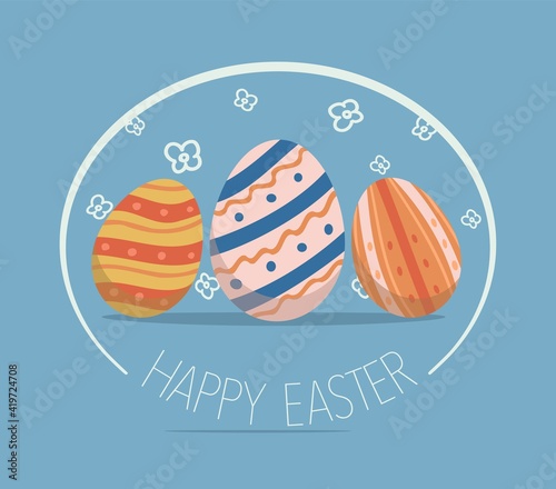 Painted eggs with Happy Easter holidays text on light blue background. International spring celebration. Flat style vector illustration postcard.
