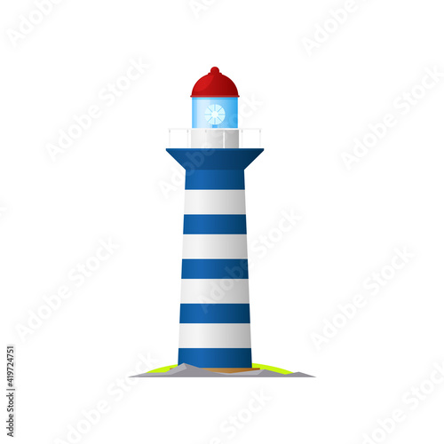 Beacon tower on ocean coast or marine shore with searchlight lamp isolated icon. Vector nautical striped tower, navigation symbol, seafarer beacon. Sea lighthouse icon, marine blue striped beacon